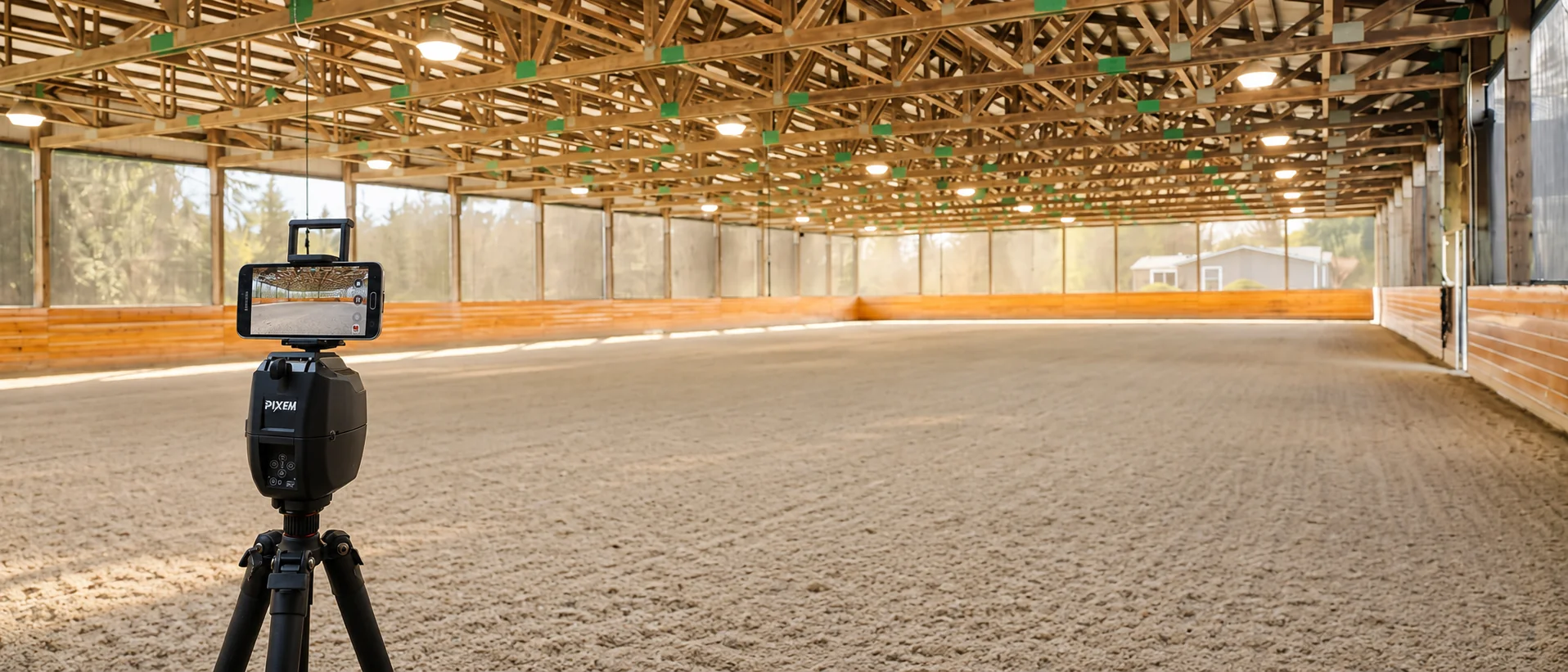 PIXEM tracking mount and phone set up for virtual riding lessons in the Seven Hills Training indoor arena in Monroe, Washington