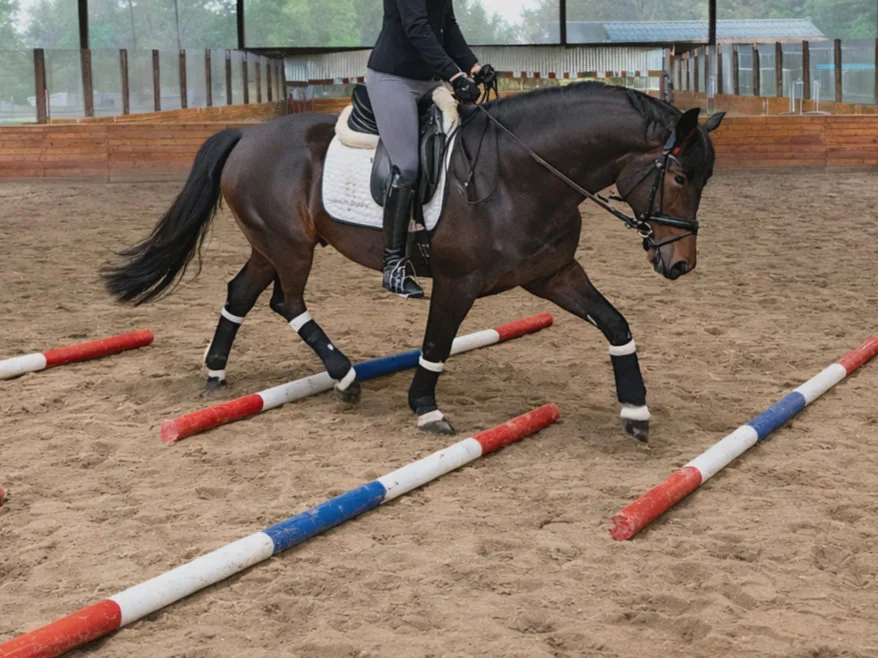 Horse and rider working over ground poles in an indoor arena