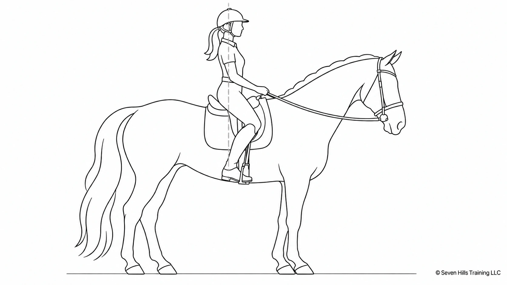 Simple line illustration of a female dressage rider and horse in a neutral seated position
