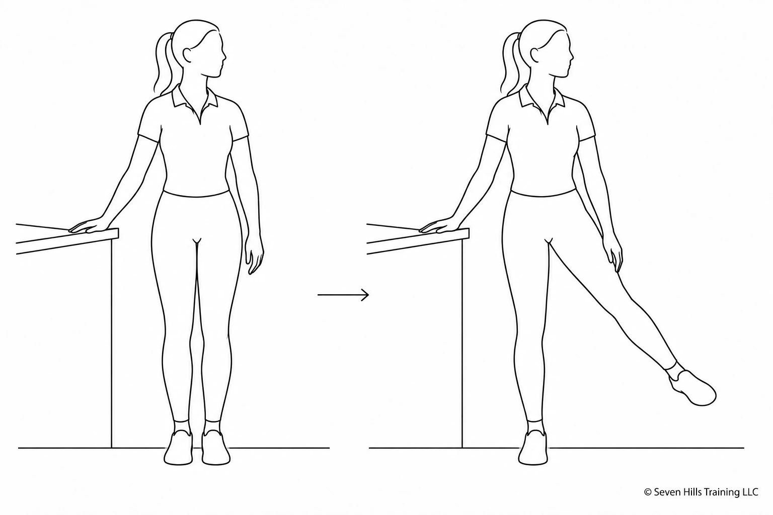 Line drawing of a female rider demonstrating standing side leg lifts