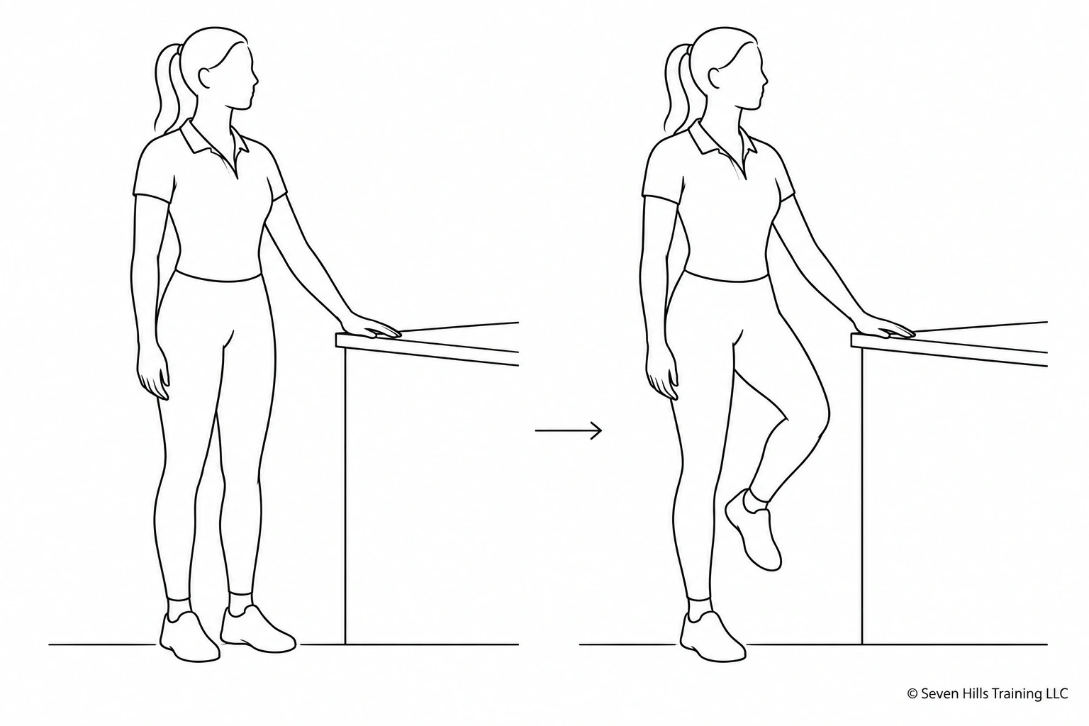 Line drawing of a female rider demonstrating supported single-leg balance