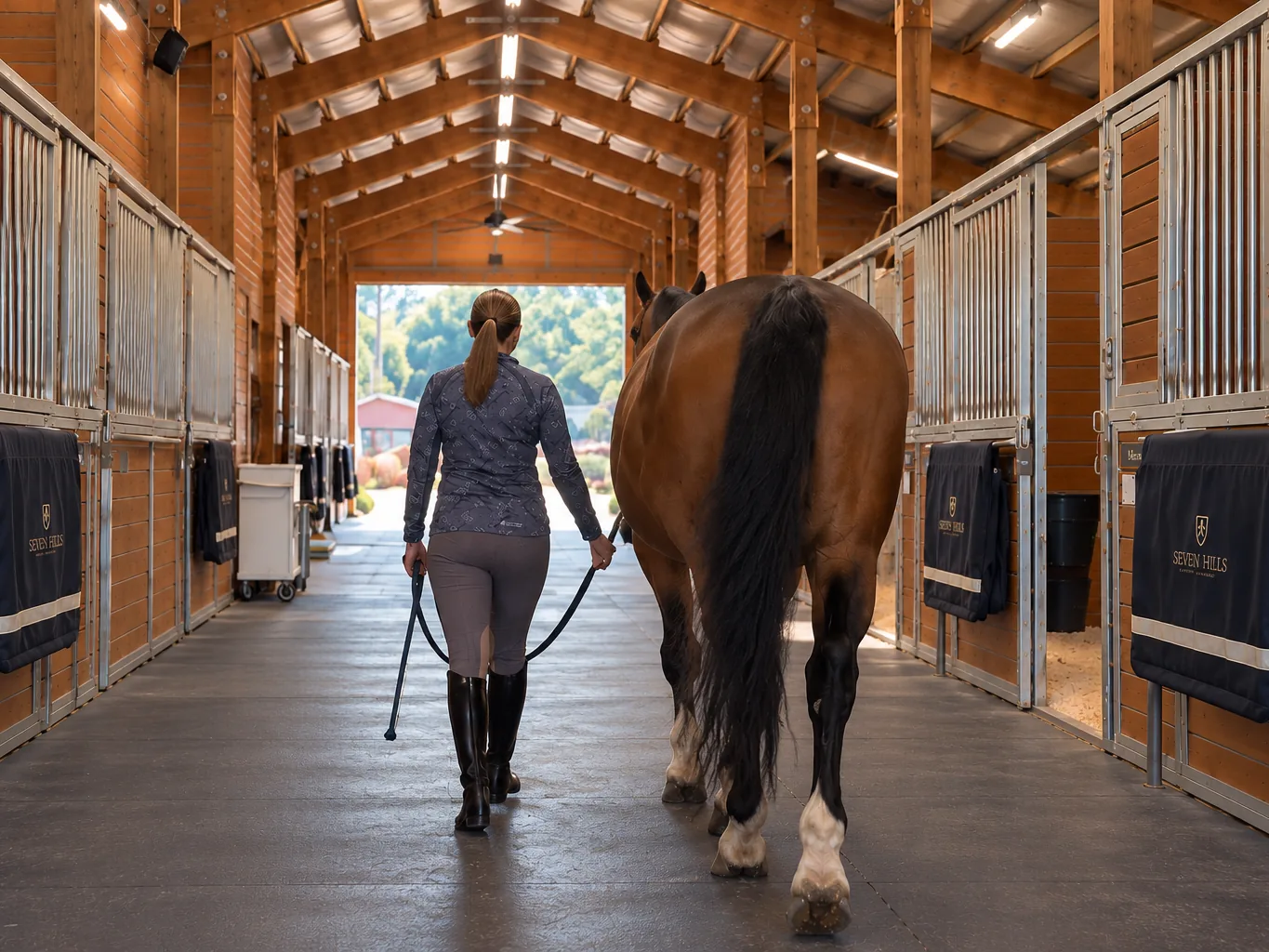 Woman leading a bay horse through the Seven Hills Training barn in Monroe, Washington
